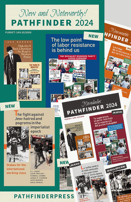 Collage of Pathfinder Press brochures in English, Spanish and French